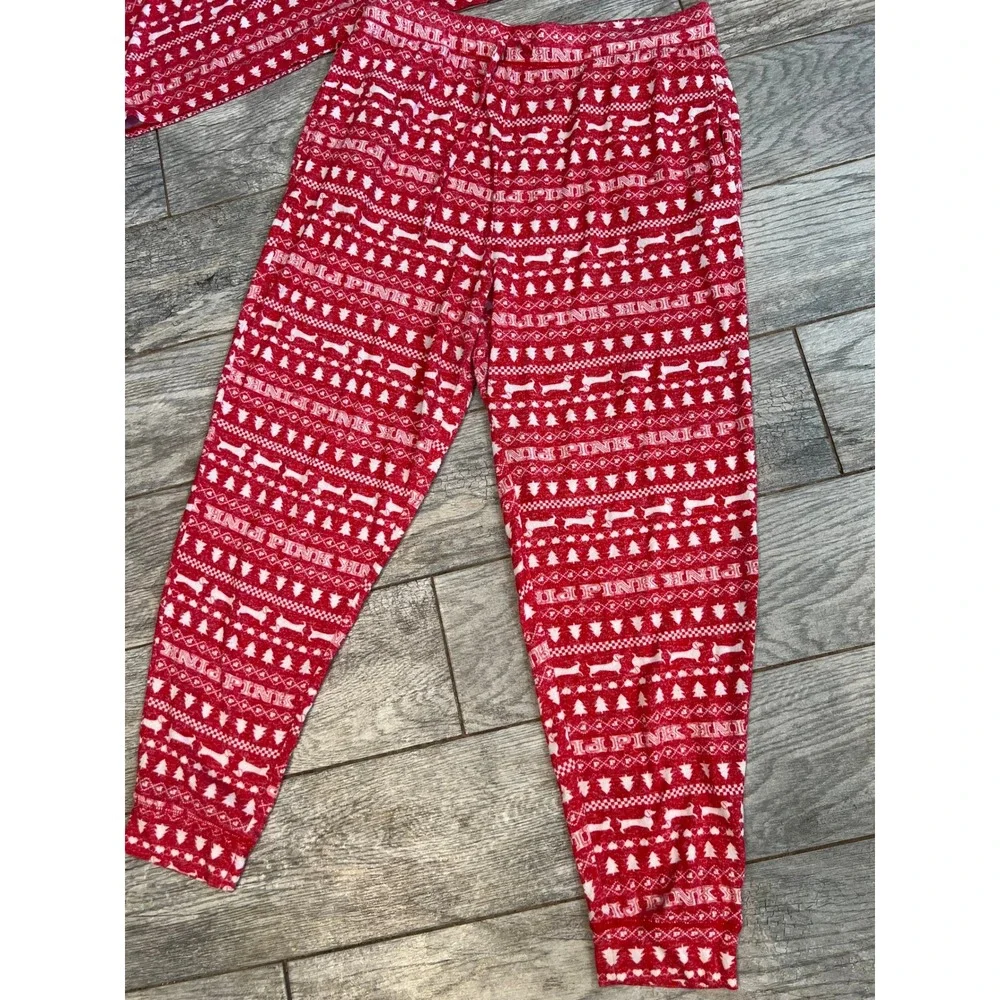 PINK Victorias Secret Pajama Set Large Red Fair Isle Dog Logo 2 pc PJ Set Nordic